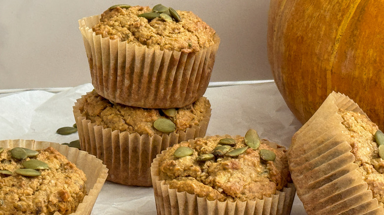 Pumpkin muffins stacked