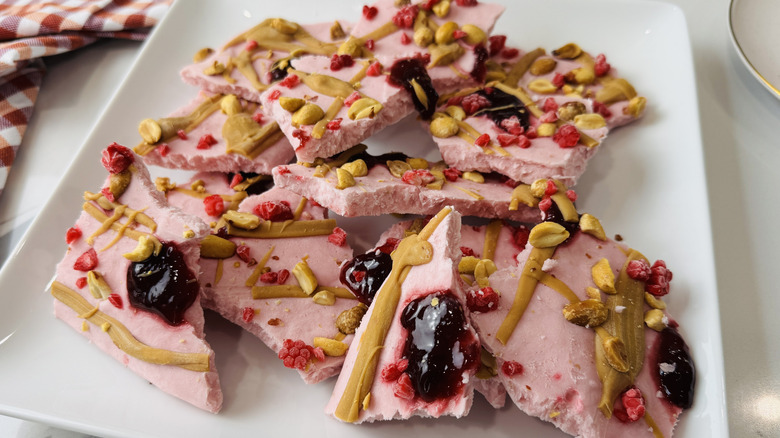 Peanut butter and jelly cottage cheese bark pieces on plate