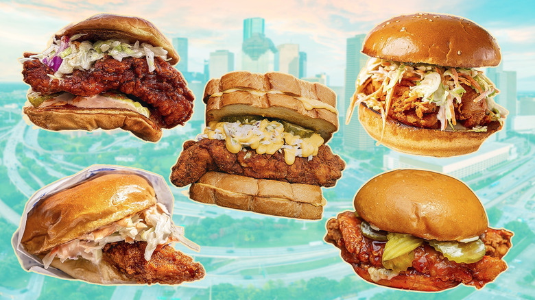 Five different hot chicken sandwiches with a city skyline in the background.