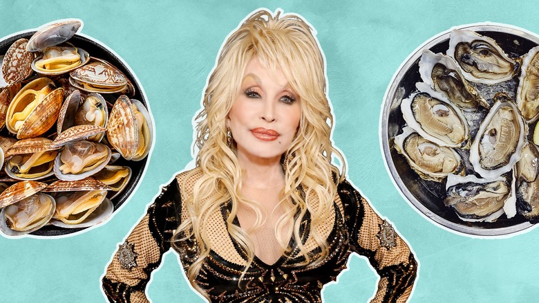 Dolly Parton next to two bowls of clams