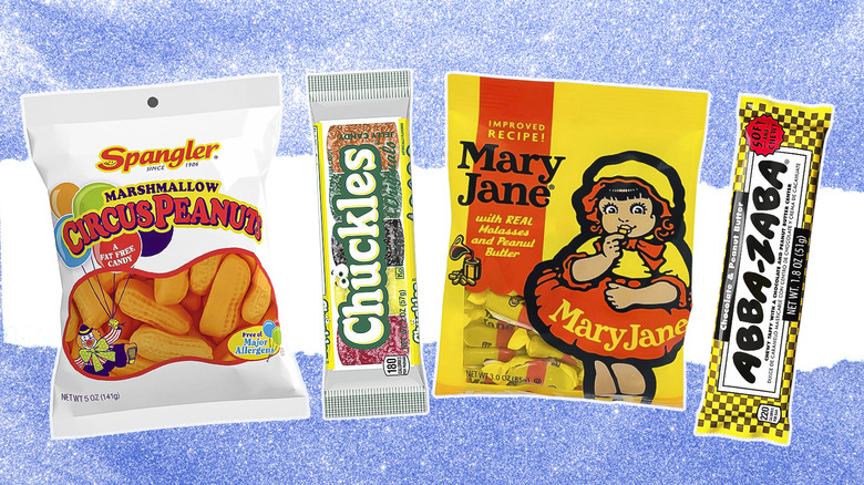 Several old school candies on a blue and white background